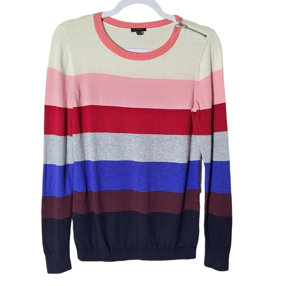 Talbots Women's size Small colorful striped‎ crew neck knit sweater zip shoulder